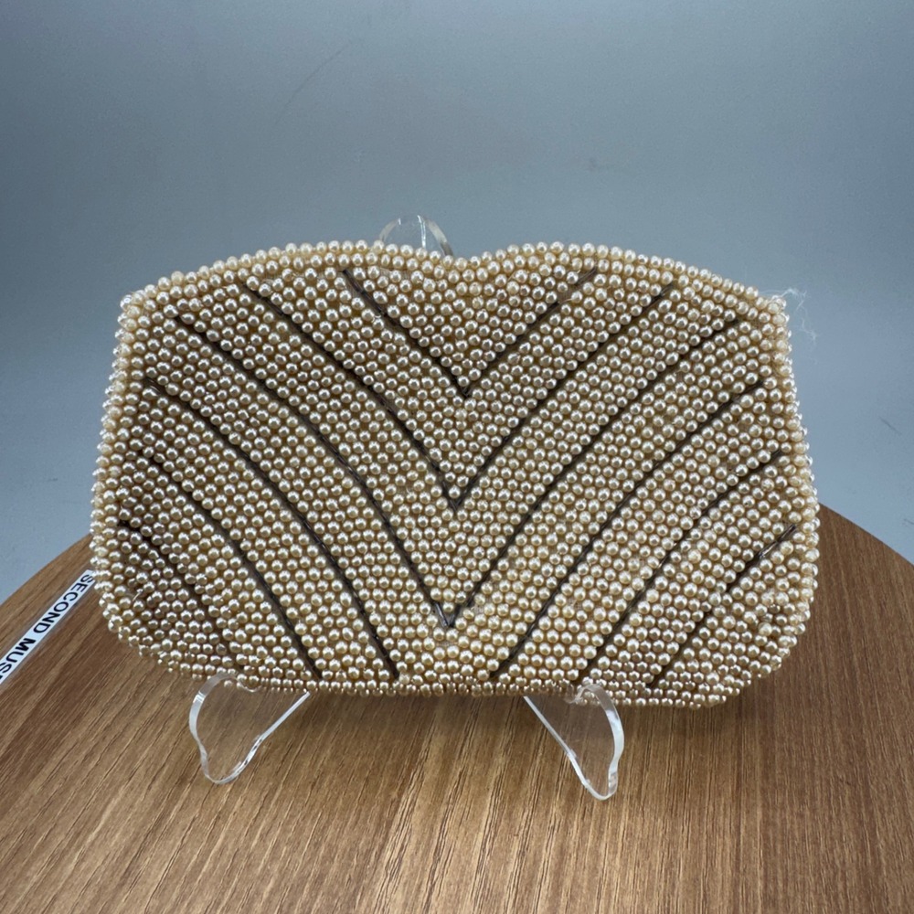 Bag by Debbie Vintage Beaded Pearl Clutch OS Cream Chevron Evening Bag